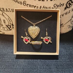 Jewelry Set: Heart Locket Necklace - Heart Dangle Earrings - Ring - Gold Tone